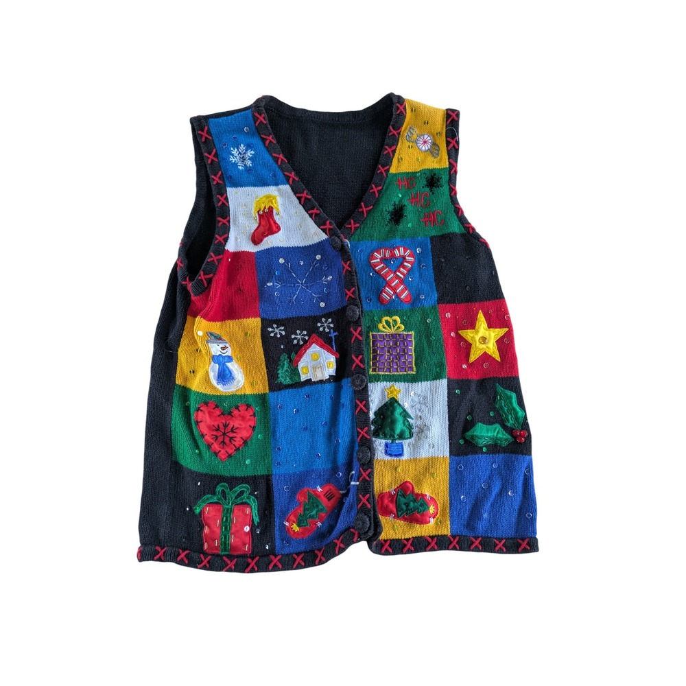 Nutcracker Womens Ugly Christmas Sweater Vest Multicolor Beaded Patchwork S17